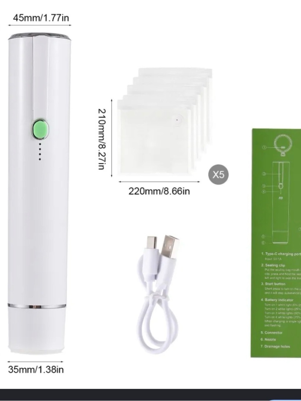Portable White Vacuum Sealer with USB Charging (10 bags)